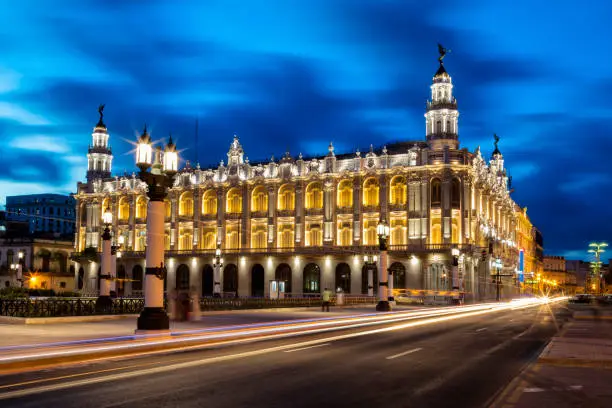 A beautiful Baroque facade of the Great Theatre of Havana - The Gran Teatro de La Habana Alicia Alonso illuminated at dusk, Paseo de Marti, Paseo del Prado, Havana, Cuba. The Great Theatre of Havana has been open since 1837. Long exposures with tripod, HDR, 50 megapixel image.