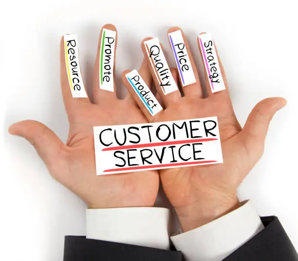 Photo of hands holding paper cards with CUSTOMER SERVICE concept words