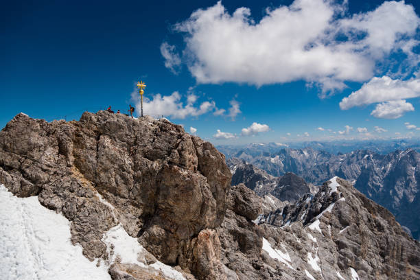 Group of mountaineer stand on the top of Zugspitze stock photo