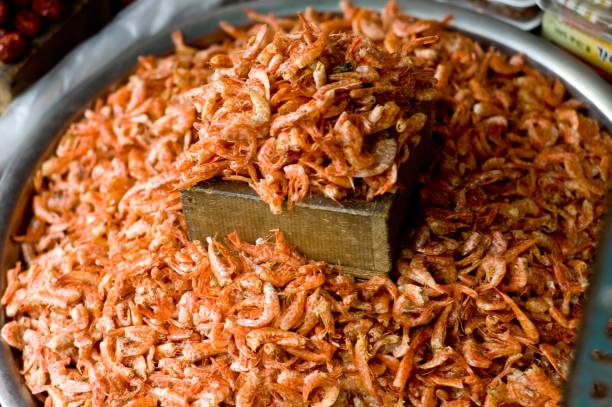 dried shrimp at market stock photo