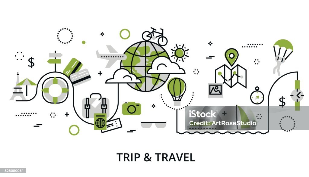 Greenery concept of travelling around the world Modern flat thin line design vector illustration, greenery concept of travelling around the world, journey and trip to other countries, for graphic and web design Journey stock vector