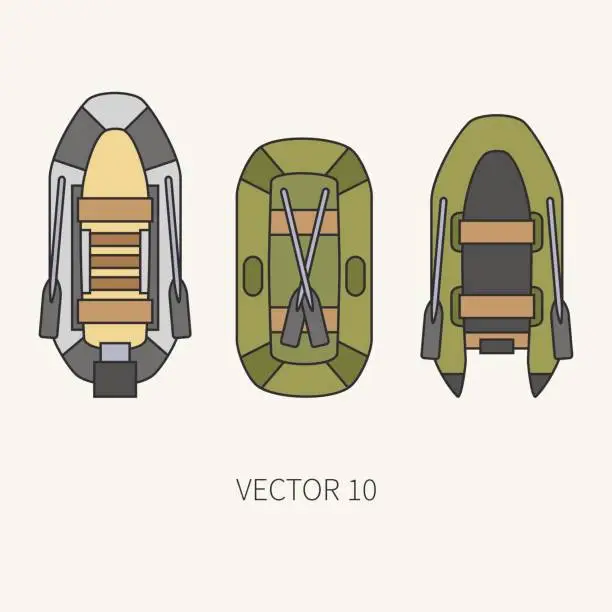 Vector illustration of Line flat color vector fisher and camping icon inflatable rubber boat. Fisherman equipment. Retro cartoon style. Holiday travel. Spinning. Oars. Illustration and element for your design and wallpaper.