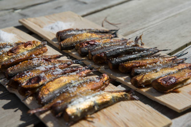 Traditional meal in Finland - smoked fish Smoked and grilled fish "vendace" in Mikkeli region, Finland etela savo finland stock pictures, royalty-free photos & images