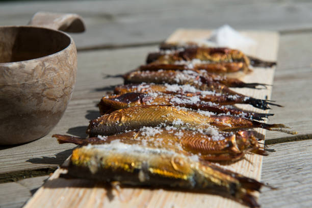 Traditional meal in Finland - smoked fish Smoked and grilled fish "vendace" in Mikkeli region, Finland etela savo finland stock pictures, royalty-free photos & images