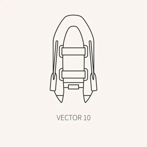 Vector illustration of Line flat vector fisher and camping icon inflatable rubber boat. Fisherman equipment. Retro cartoon style. Holiday travel. Spinning. Lake. Oars. Illustration and element for your design and wallpaper.