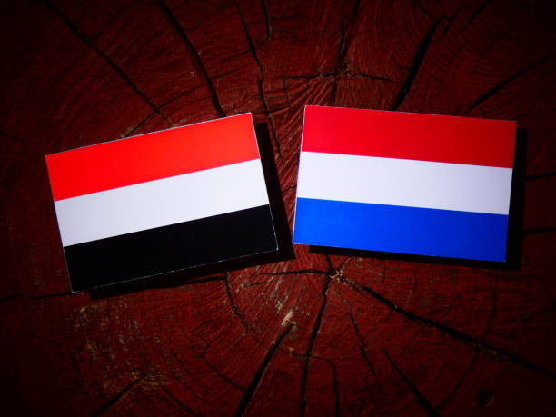 istock Yemeni flag with Dutch flag on a tree stump isolated 828091026