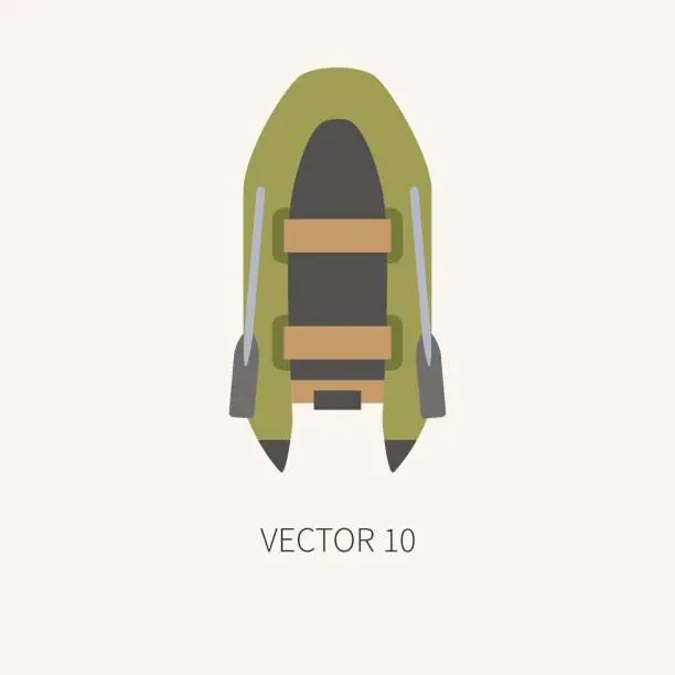 Vector illustration of Plain flat color vector fisher and camping icon inflatable rubber boat. Fisherman equipment. Retro cartoon style. Holiday travel. Spinning. Oars. Illustration and element for your design and wallpaper