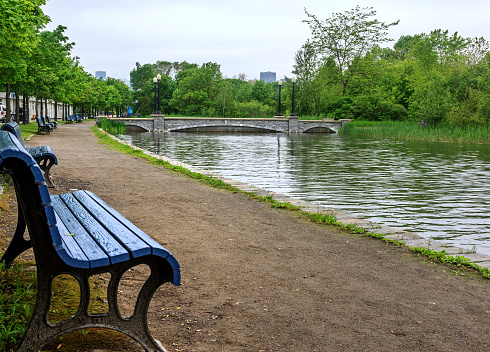 Park benches alongside pond