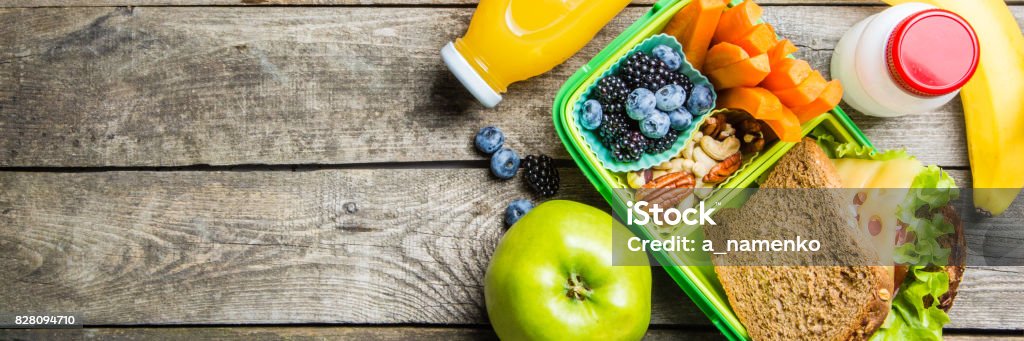 Healthy school lunch box Healthy school lunch box on rustic background, copy space Child Stock Photo