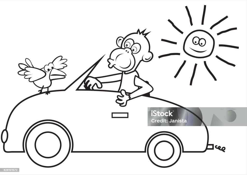 Monkey at car Monkey at car, funny illustration, vector icon. In the background is sun and on the car sit bird. Car stock vector
