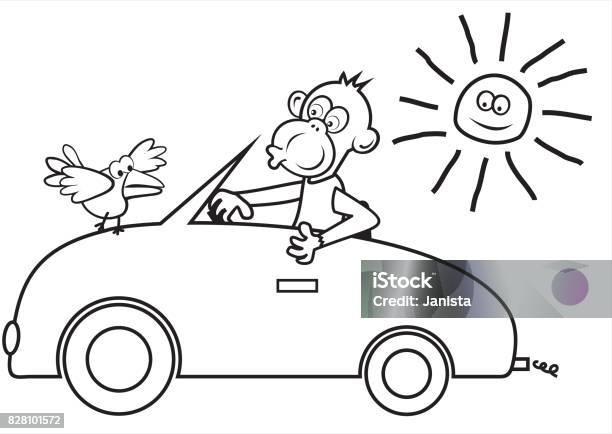 Monkey At Car Stock Illustration - Download Image Now - Car, Coloring, Image