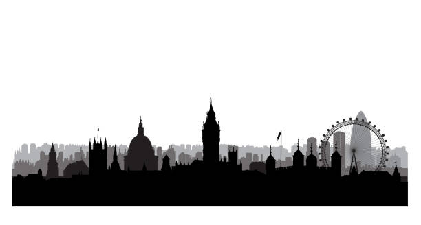 ilustraciones, imágenes clip art, dibujos animados e iconos de stock de horizonte de la ciudad de londres con el palacio de westminster y famosos - houses of parliament london london england famous place panoramic