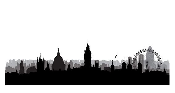 London cityscape. Famous british city landmark buildins. Engraves illustration in retro style