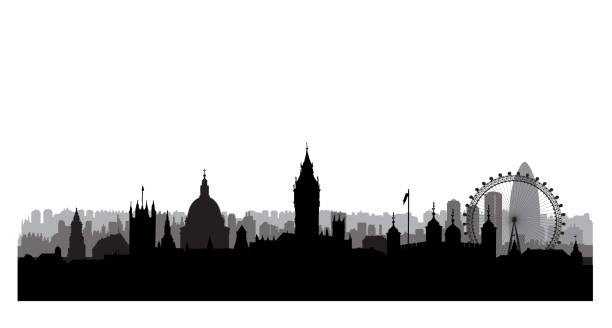 London city skyline with Westminster palace and famous landmarks London cityscape. Famous british city landmark buildins. Engraves illustration in retro style london stock illustrations