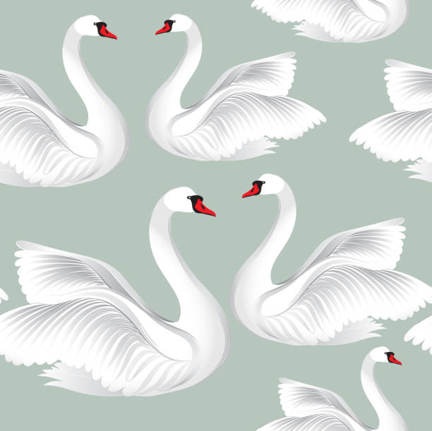 istock White birds seamless pattern. Wildlife background. Swimming swans tile ornament 828136518