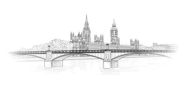 ilustraciones, imágenes clip art, dibujos animados e iconos de stock de horizonte de la ciudad de londres con el palacio de westminster y lambeth bridge - houses of parliament london london england famous place panoramic