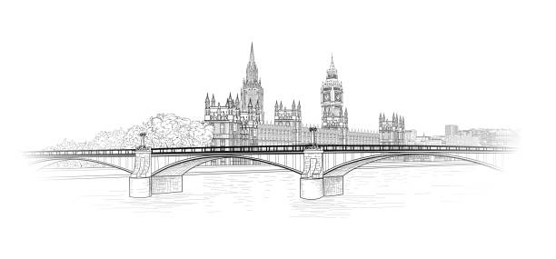 illustrazioni stock, clip art, cartoni animati e icone di tendenza di skyline della città di londra con il palazzo di westminster e il ponte di lambeth - london england big ben bridge england