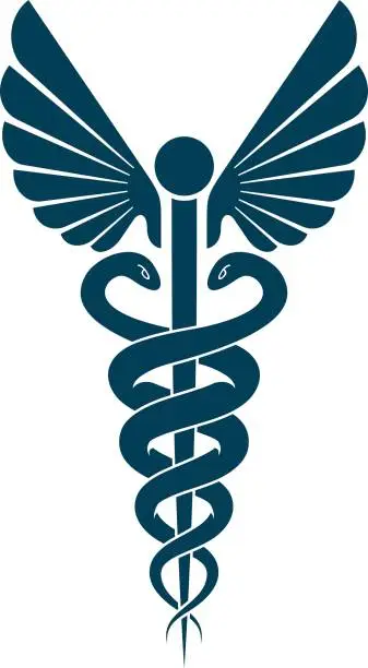 Vector illustration of Aesculapius vector abstract emblem composed using wings and snakes best for used in pharmacy advertisement.