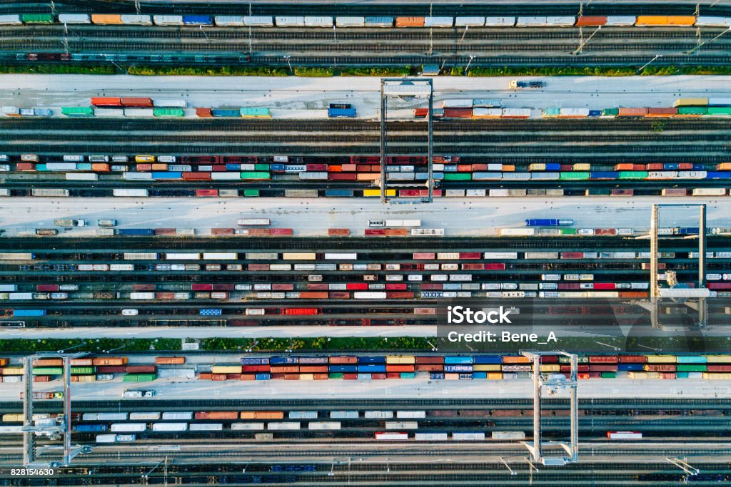 Cargo Trains and Containers at a Terminal Aerial View Stock Photo