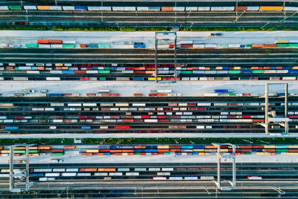 cargo trains and containers at a terminal - westernization imagens e fotografias de stock