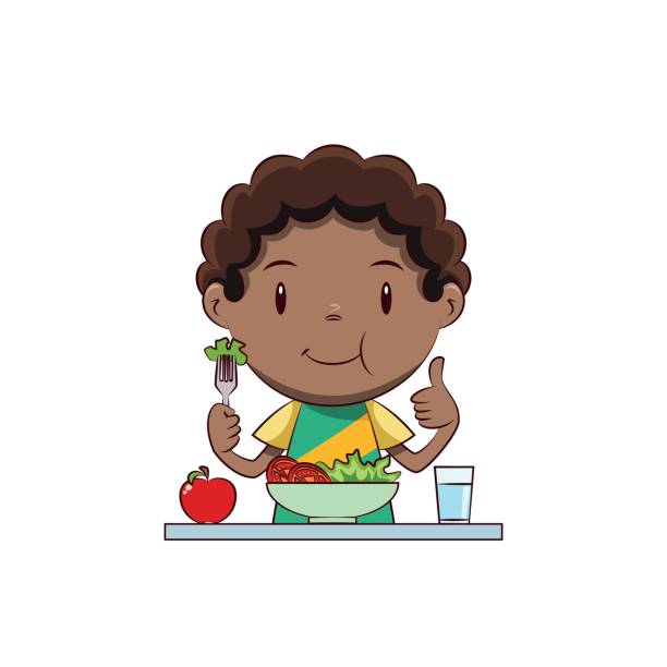 Boy eating salad Child eating salad, cute kid, eat, vegetables, healthy food, vegan, lettuce, tomato, apple, glass of water, diet, young man, person, happy cartoon character, vector illustration, isolated, white background lunch clipart stock illustrations