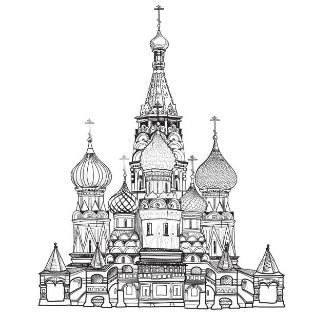 St Basil cathedral, Moscow city famous place. Travel Russia sign St Basil cathedral, towers and wall cityscape Russian famous place. Kremlin city view from Moscow river. Red square view, Moscow, Russia. Travel Russia vector illustration. kremlin stock illustrations