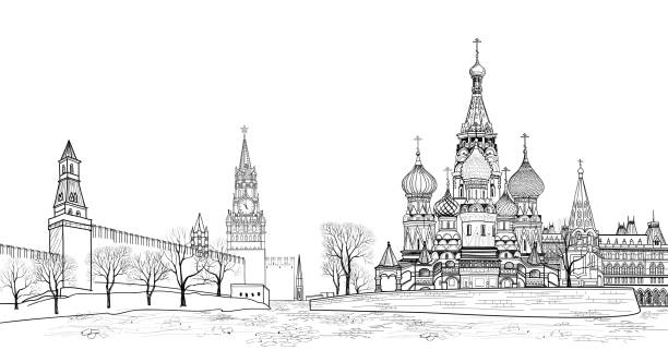 Red square view, Moscow, Russia. Travel Russia skyline Red square view, Moscow, Russia.  Travel Russia vector illustration. Russian famous place. Kremlin city view from Moscow river. St Basil cathedral, towers and wall citsycape kremlin stock illustrations