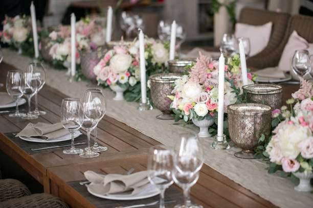istock Luxury, elegant wedding reception table arrangement, floral centerpiece 828179124