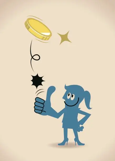 Vector illustration of Businesswoman (woman, girl) flipping a coin (toss up gold currency), thumbs up gesturing, hand on hip