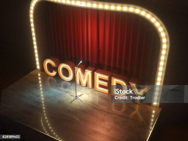Dark Empty Stage With Microphone 3d Render Stock Photo - Download Image Now - Comedian, Humor, Performance