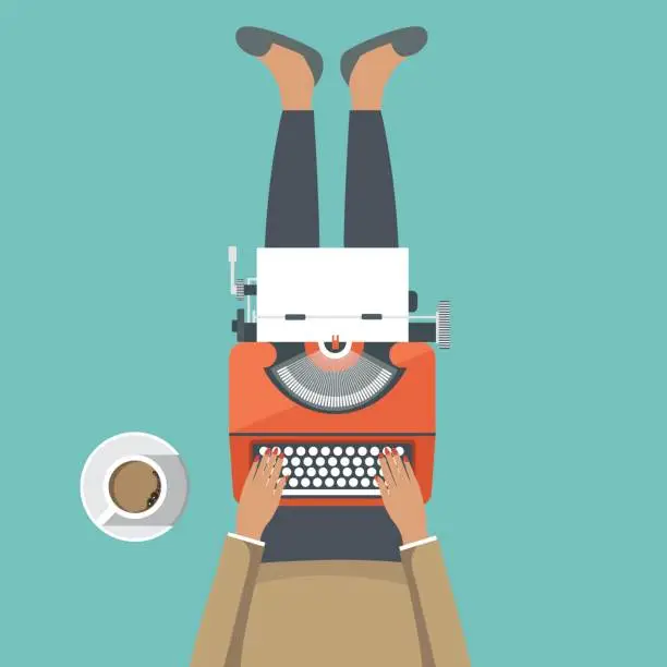 Vector illustration of Girl sitting on the floor with typewriter machine in her lap. Flat vector illustration