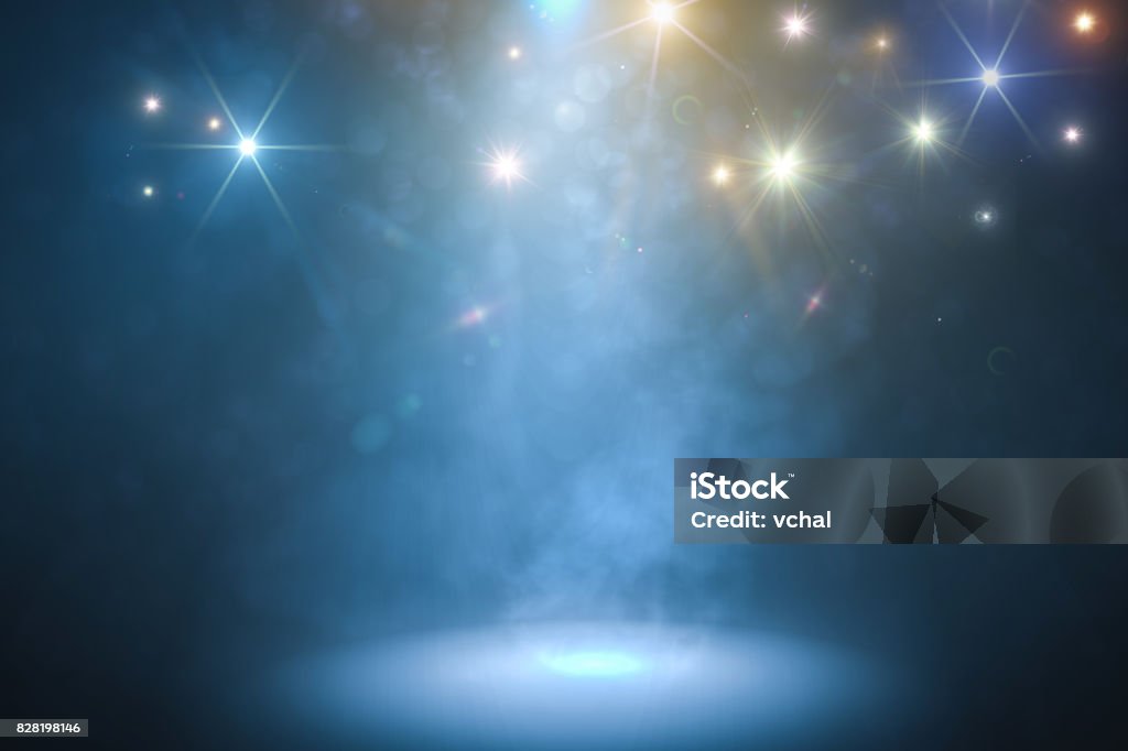 Podium with smoke and blue light. 3D rendered illustration. Stage - Performance Space Stock Photo
