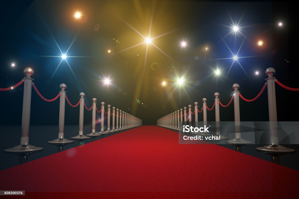 Red carpet for VIP. Flash lights in background. 3D rendered illustration. Above Stock Photo