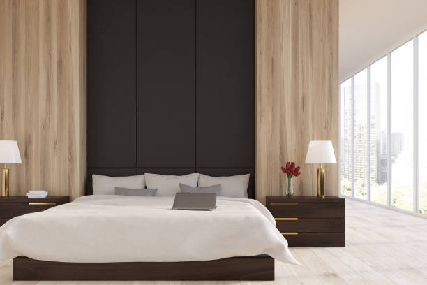 istock Wooden and black bedroom, panoramic 828201752