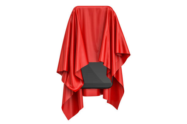 Phone covered red cloth, presentation of new smartphone. 3D rendering isolated on white background