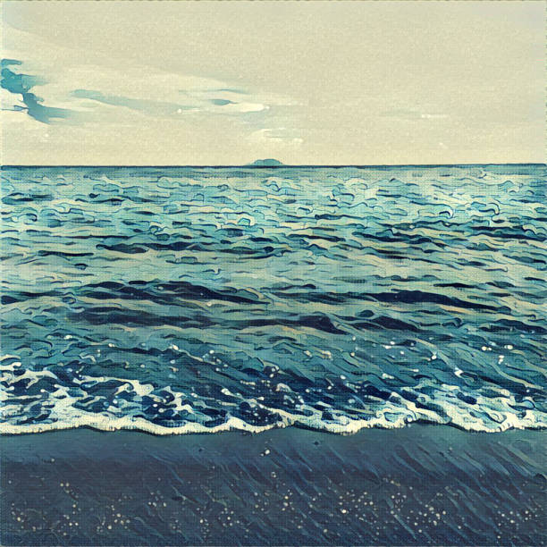 Digital illustration - The wave from the ocean and distant island. Tropical island view from the beach. Exotic island in sea. Beach landscape with the ocean and horizon line. Japanese style painting