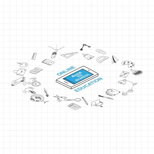 Vector illustration of Template on a theme back to school with a sheet in a box. A set of drawing vector elements and isometric smartphone for education with endolar accessories. Vector illustration.