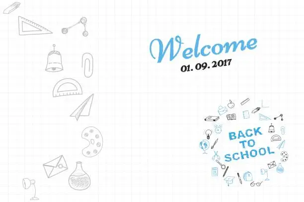Vector illustration of Template on a theme back to school with a sheet in a box. A set of drawing vector elements for education with endolar accessories. Vector illustration.