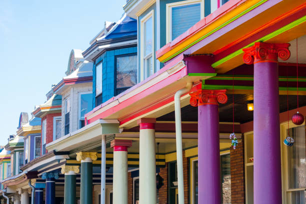 istock Colourful row houses - Charles Village, Baltimore 828217088