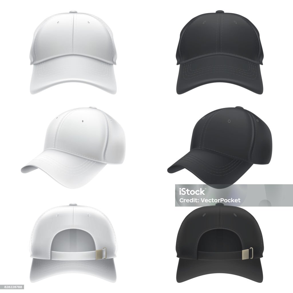 Illustrazione vettoriale realistica di un berretto da baseball tessile bianco e nero vista frontale, posteriore e laterale - arte vettoriale royalty-free di Berretto