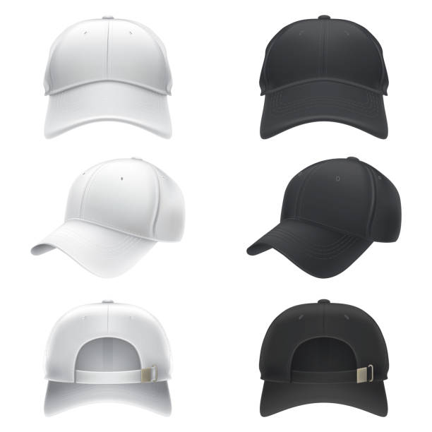 Vector realistic illustration of a white and black textile baseball cap front, back and side view Vector realistic illustration of a white and black textile baseball cap front, back and side view, isolated on white. Print, template, moc up, design element sideways baseball hat stock illustrations