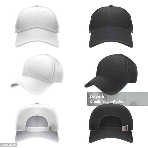 Vector Realistic Illustration Of A White And Black Textile Baseball Cap Front Back And Side View Stock Illustration - Download Image Now