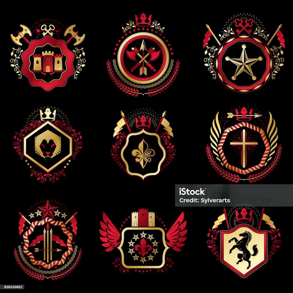 First Emblems Set Of Vector Vintage Emblems Created With Decorative Elements Like ...