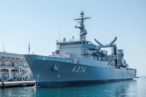 Hs Prometheus A-374 General Support Ship Etna type. Is an auxiliary ship, moored at pier of the Trieste Commercial Sea Port.