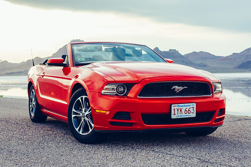Photo of a Ford Mustang Convertible 2012 version at Bonneville Salt Flats,Utah,USA. The fifth generation began with the 2005 model year to 2014.