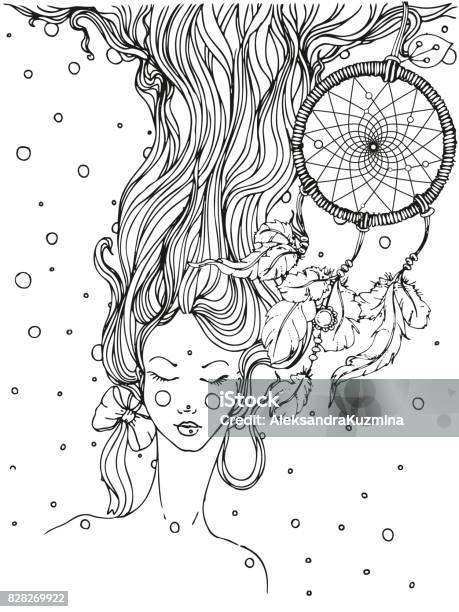Hand Drawn Ink Doodle Girls Face And Flowing Hair And Dream Catcher On White Background Design For Adults Poster Print Tshirt Invitation Banners Flyers Sketch Vector Eps 8 Stock Illustration - Download Image Now