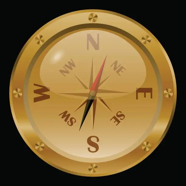 Vector illustration of Golden compass vector on black background.