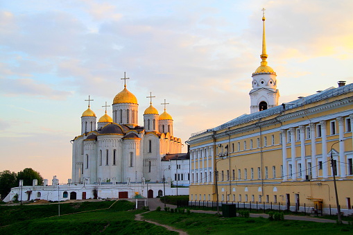 Dormition Cathedral in Vladimir at dramatic sunset, russian Village old town landscape - Monastery and churches – Ancient Vladimir - typical idyllic russian village, cityscape panorama, Vladimir oblast, Golden Ring, Russia