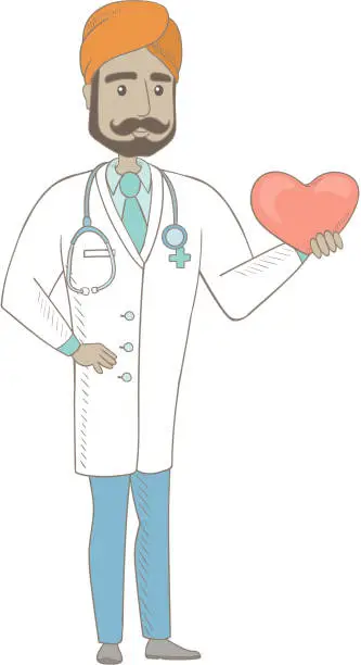 Vector illustration of Indian cardiologist holding a big red heart