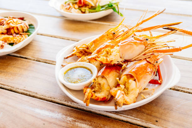 istock Grilled prawns with spicy seafood sauce 828290900